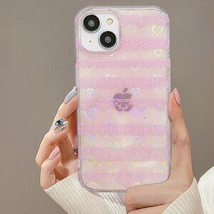 iPhone 13/14 Case Pink Holographic Heart Lace Glittery Clear Slim TPU